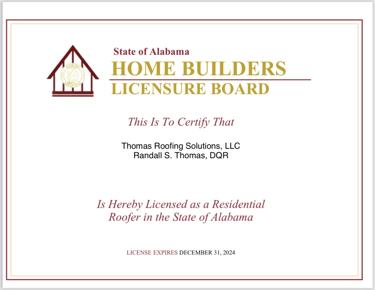 Thomas Roofing Homebuilders Licensure Board Certificate Atlanta